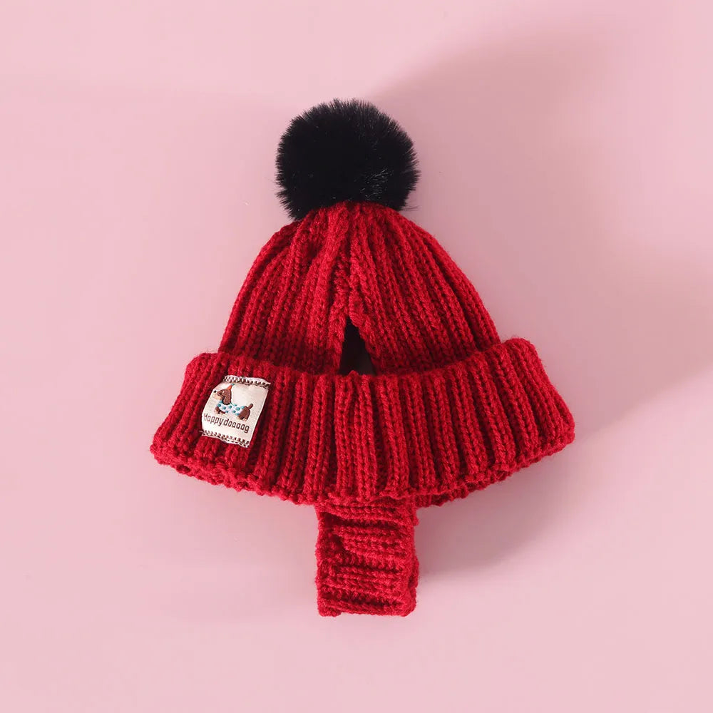 Winter Knitted Dog Hat with Plush Ball