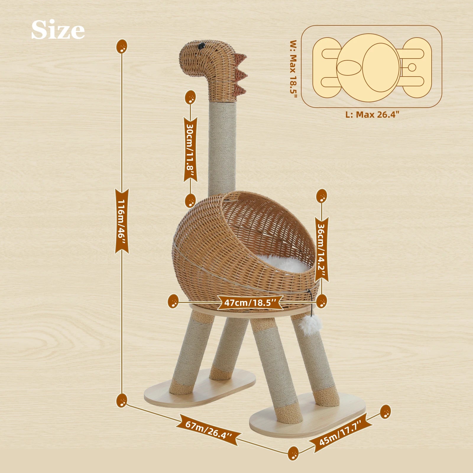 Dinosaur Cat Tree Tower with Sisal Scratching Post and Wicker Cat Bed