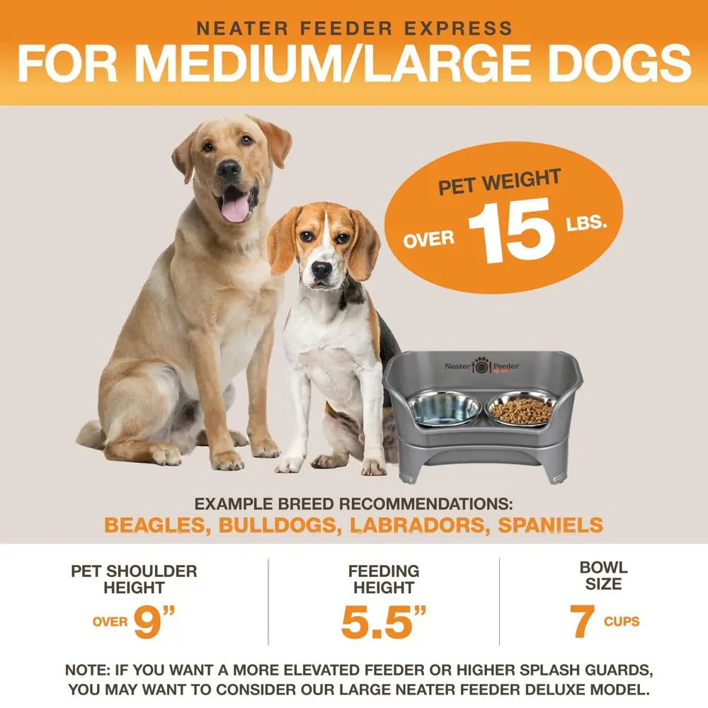Mess Proof Dog Bowls Elevated for medium to large dogs. Raised feeding stand helps organize food and water bowls for a cleaner, more convenient setup.