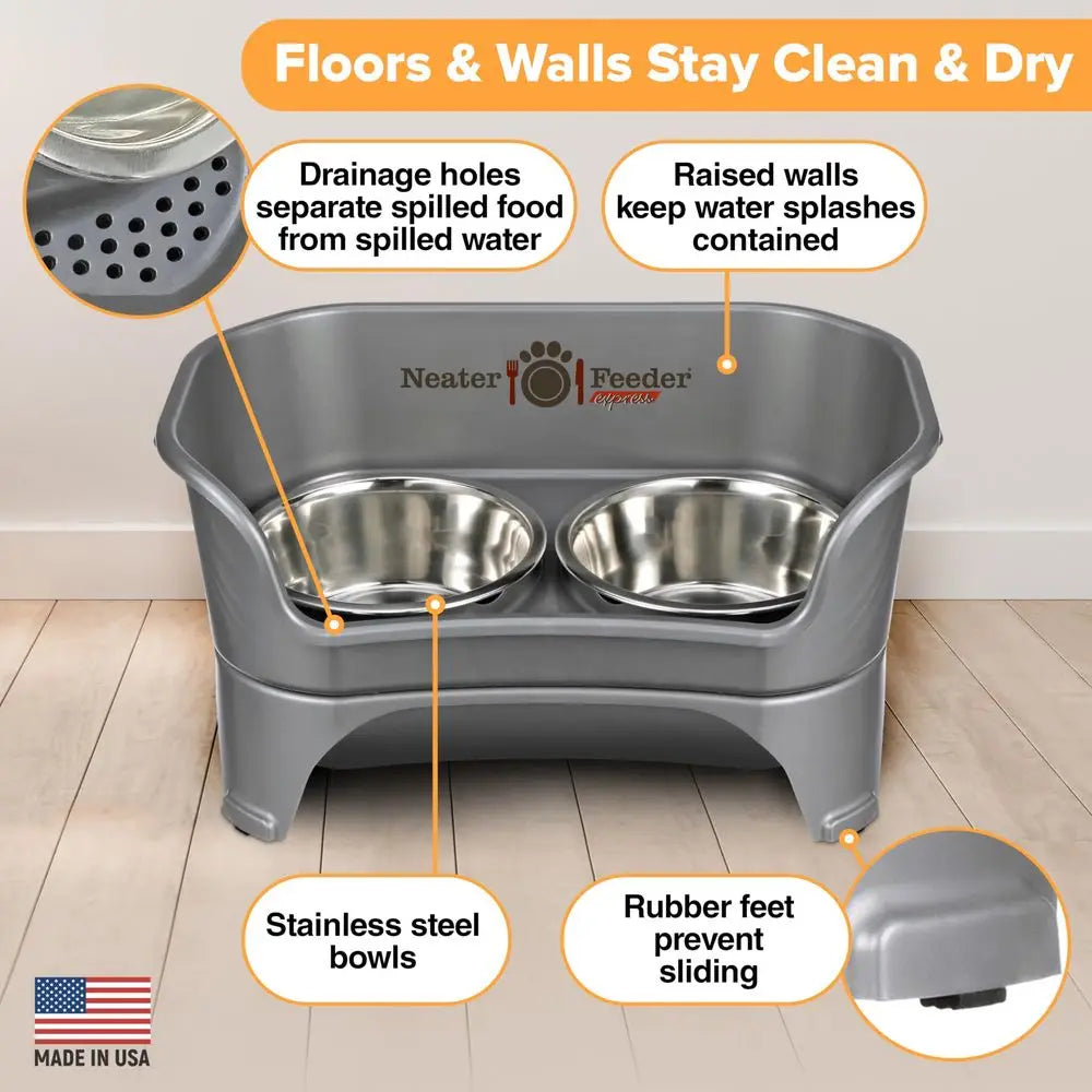 Mess Proof Dog Bowls Elevated for medium to large dogs. Raised feeding stand helps organize food and water bowls for a cleaner, more convenient setup.