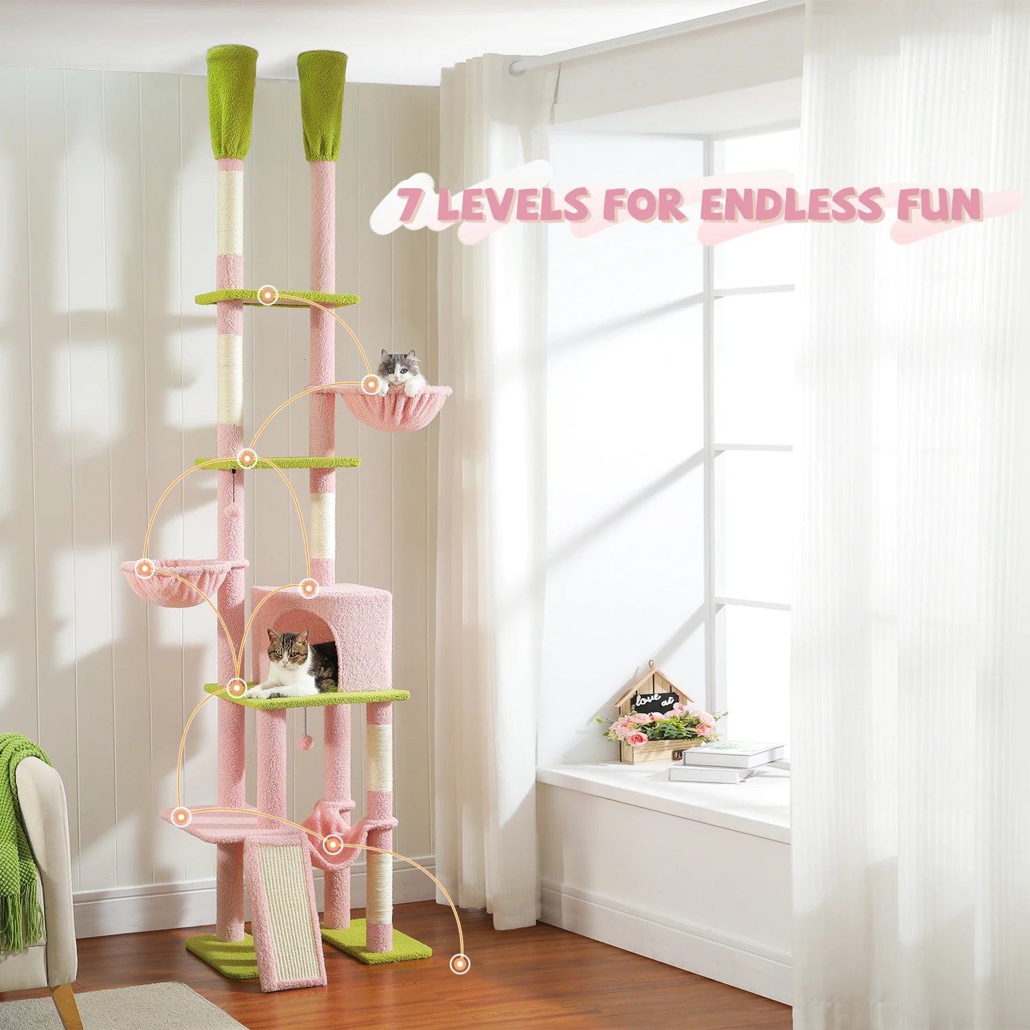 Cactus Cat Tree Tower 7 Tiers with Hammocks and Condos