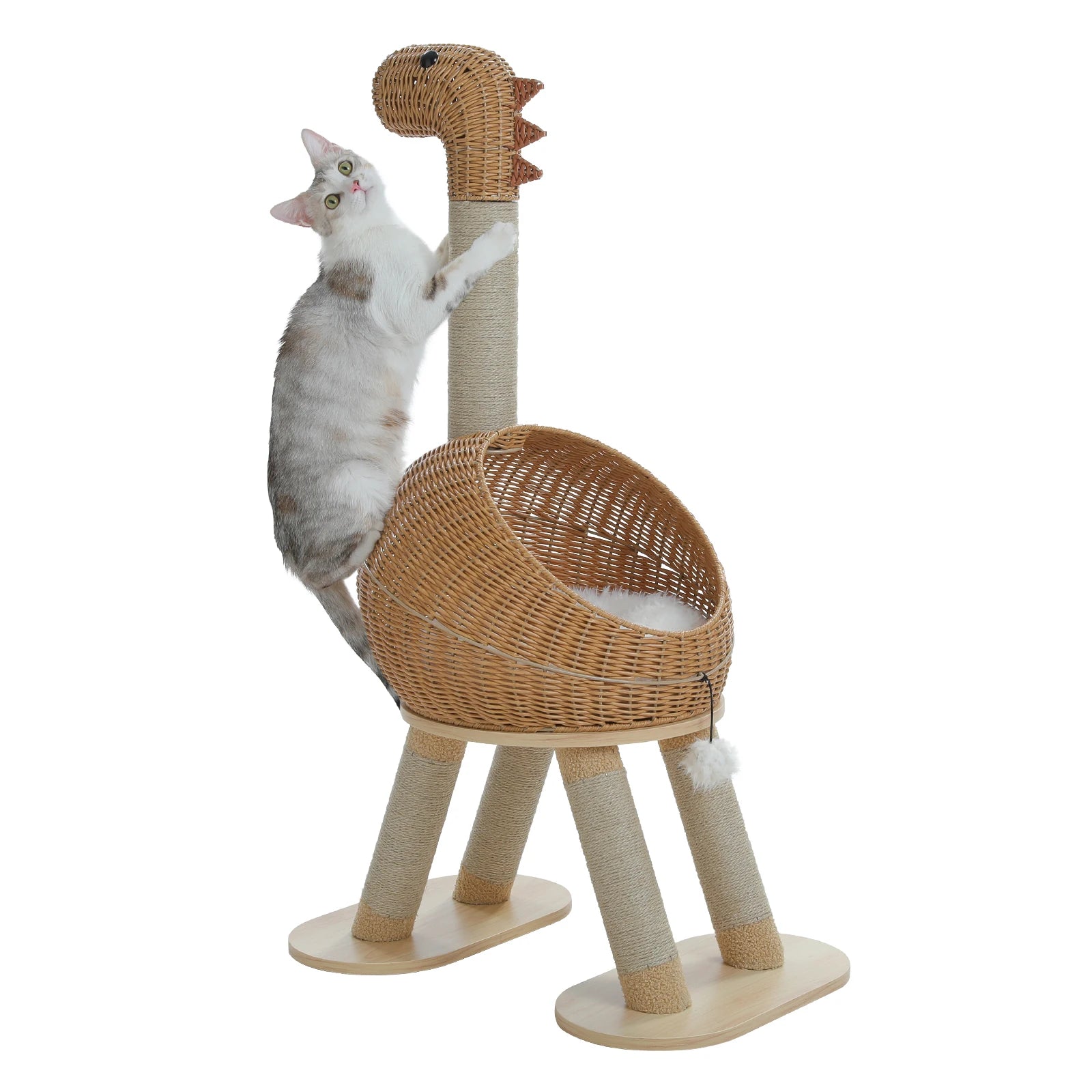 Dinosaur Cat Tree Tower with Sisal Scratching Post and Wicker Cat Bed