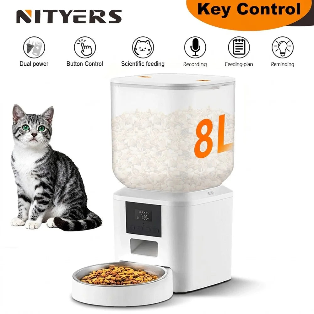 8 L Automatic Cat Feeder with Voice Recorder and Stainless Steel Bowl