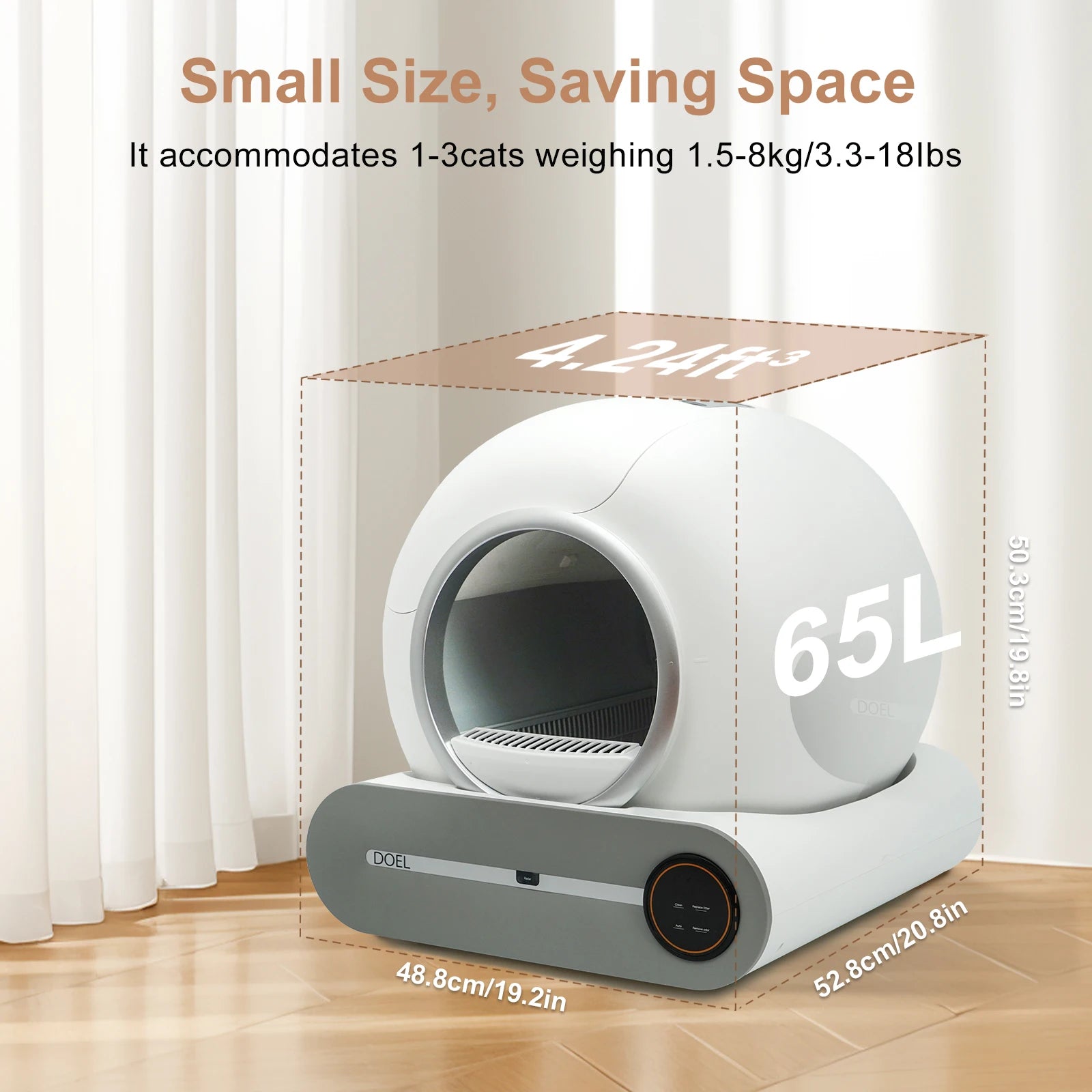 Self Cleaning Cat Litter Box with 2.4G Wi-Fi, trash bag support and litter mat for convenient indoor cat waste management and cleaner surroundings.