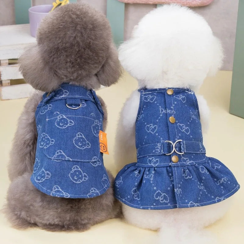 Dog Denim Dress for Small Dogs with Jeans Vest Tutu Skirt