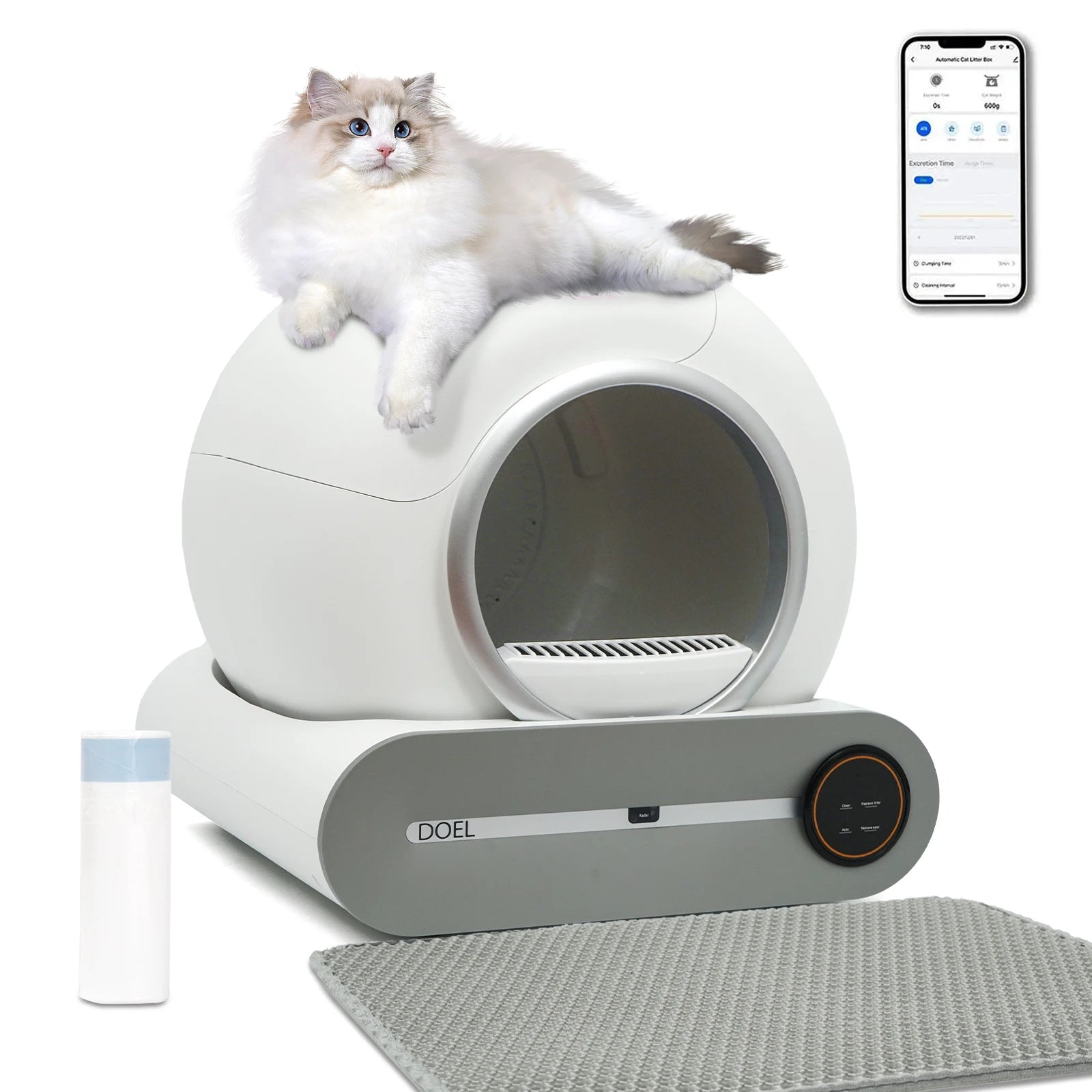 Self Cleaning Cat Litter Box with 2.4G Wi-Fi, trash bag support and litter mat for convenient indoor cat waste management and cleaner surroundings.