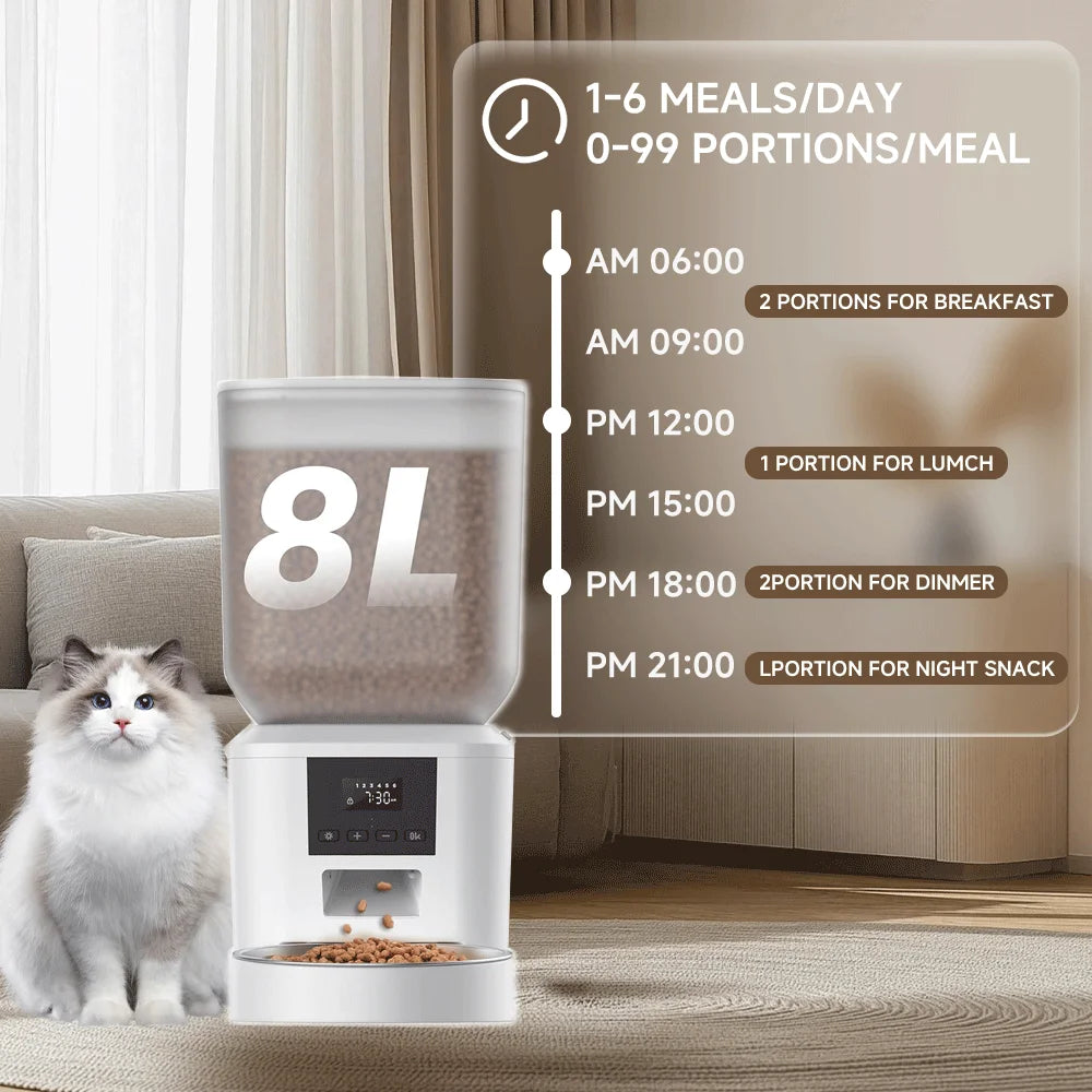 8 L Automatic Cat Feeder with Voice Recorder and Stainless Steel Bowl