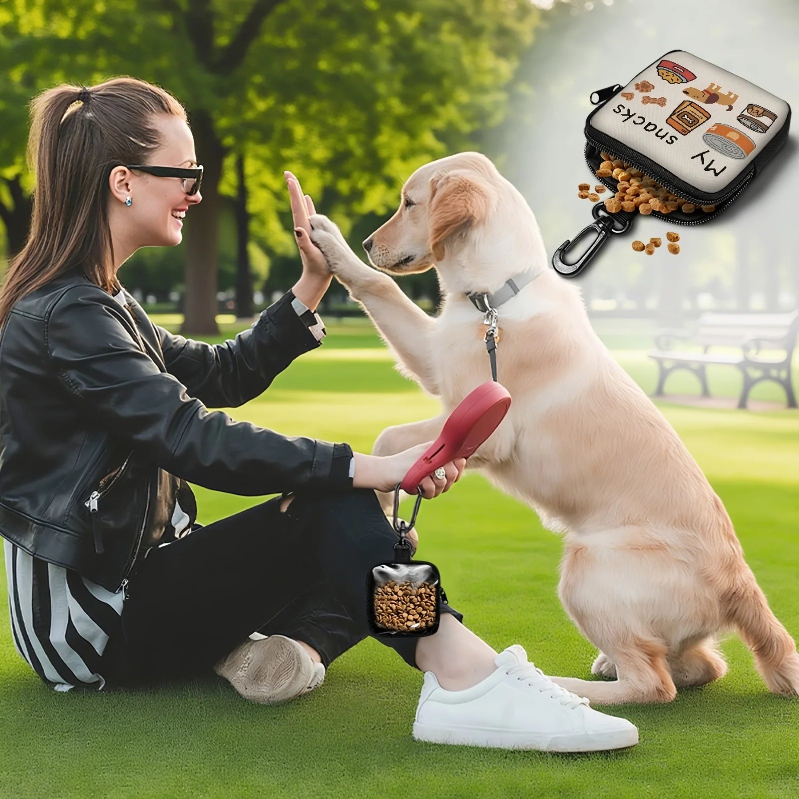 Dog Print Dog Treat Bag with Hook and Zipper