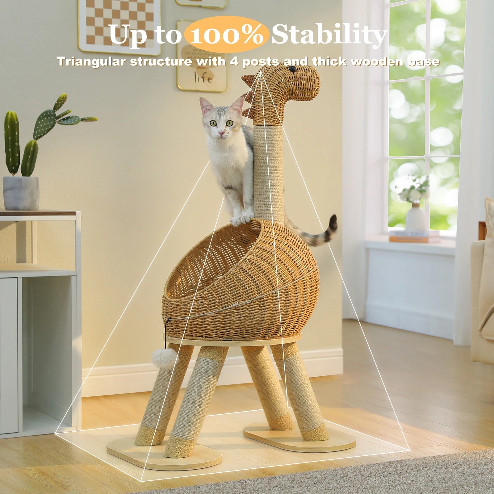 Dinosaur Cat Tree Tower with Sisal Scratching Post and Wicker Cat Bed