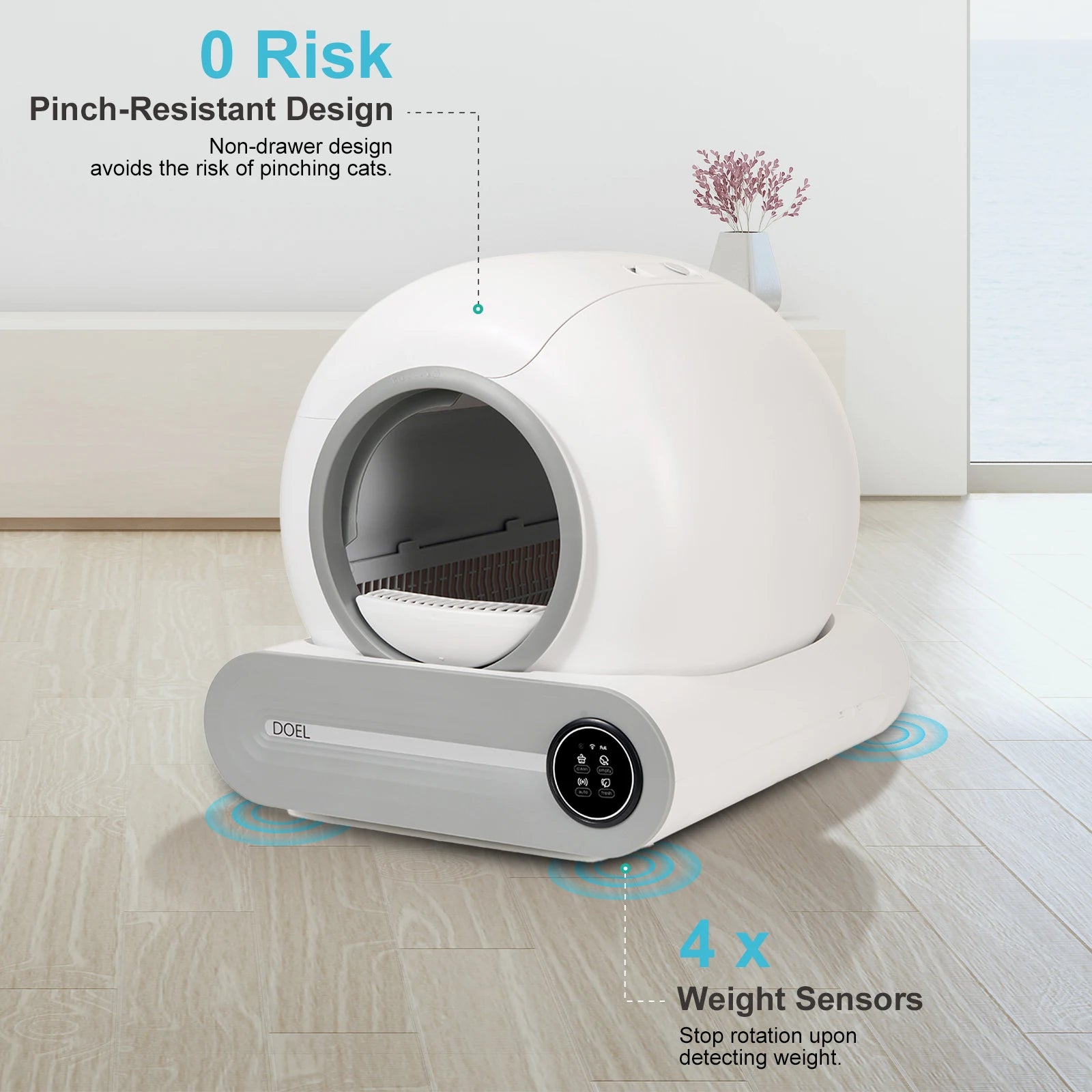 Self Cleaning Cat Litter Box with 2.4G Wi-Fi, trash bag support and litter mat for convenient indoor cat waste management and cleaner surroundings.