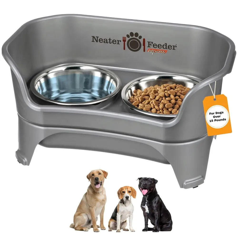 Mess Proof Dog Bowls Elevated for medium to large dogs. Raised feeding stand helps organize food and water bowls for a cleaner, more convenient setup.