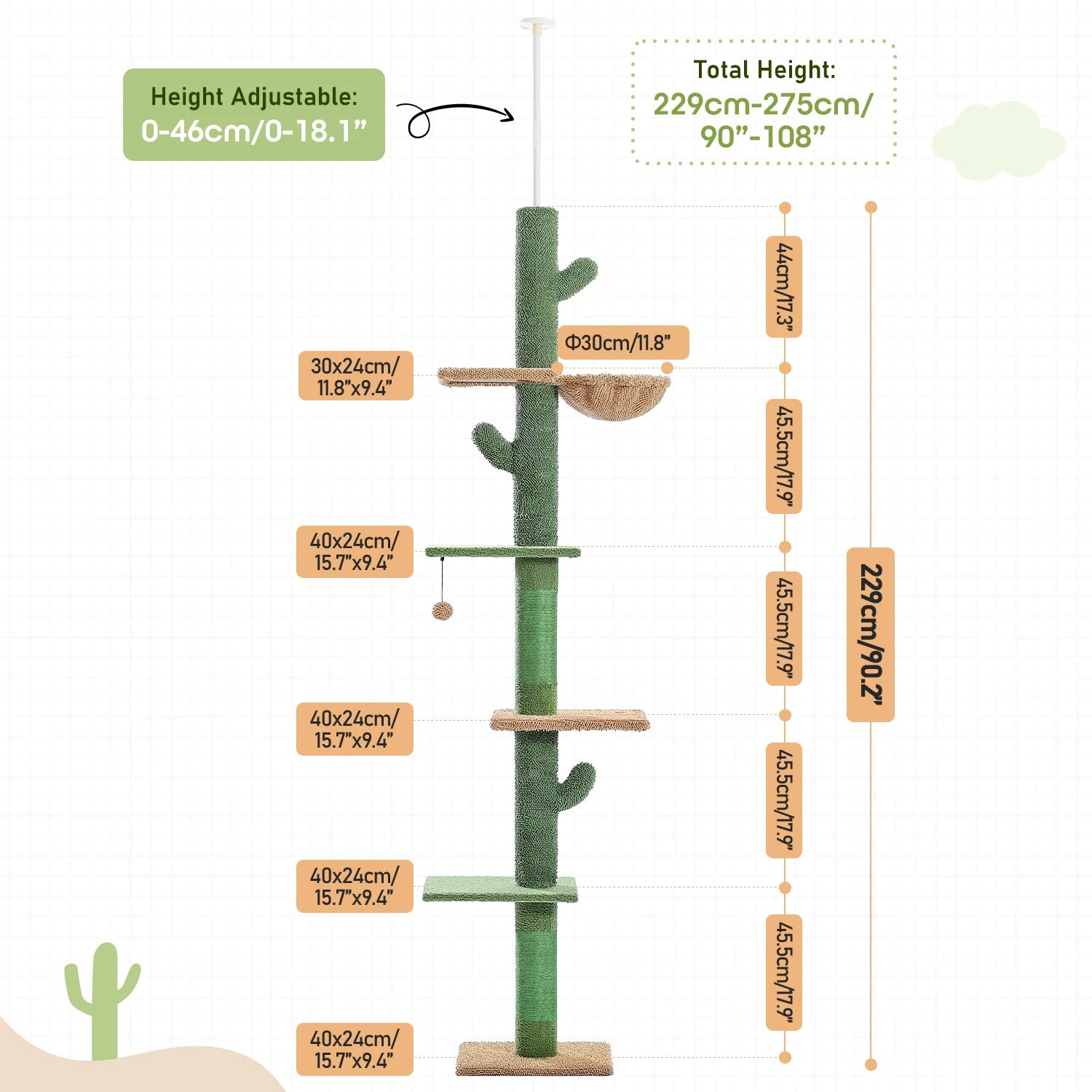 Cat Tower Cactus Tree with Scratching Post and Hammock