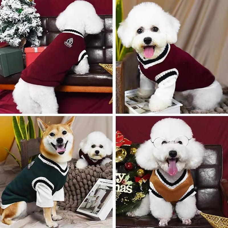 Winter Warm Dog Sweater College Style V-neck for Dogs