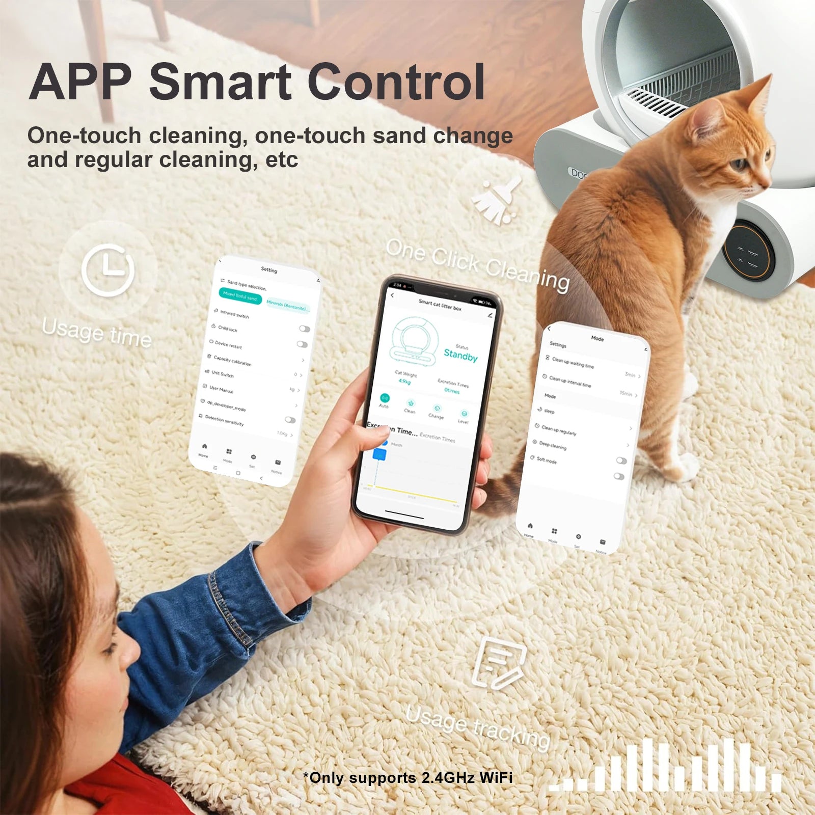Self Cleaning Cat Litter Box with 2.4G Wi-Fi, trash bag support and litter mat for convenient indoor cat waste management and cleaner surroundings.