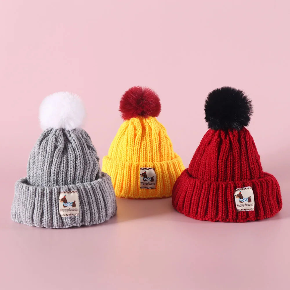 Winter Knitted Dog Hat with Plush Ball