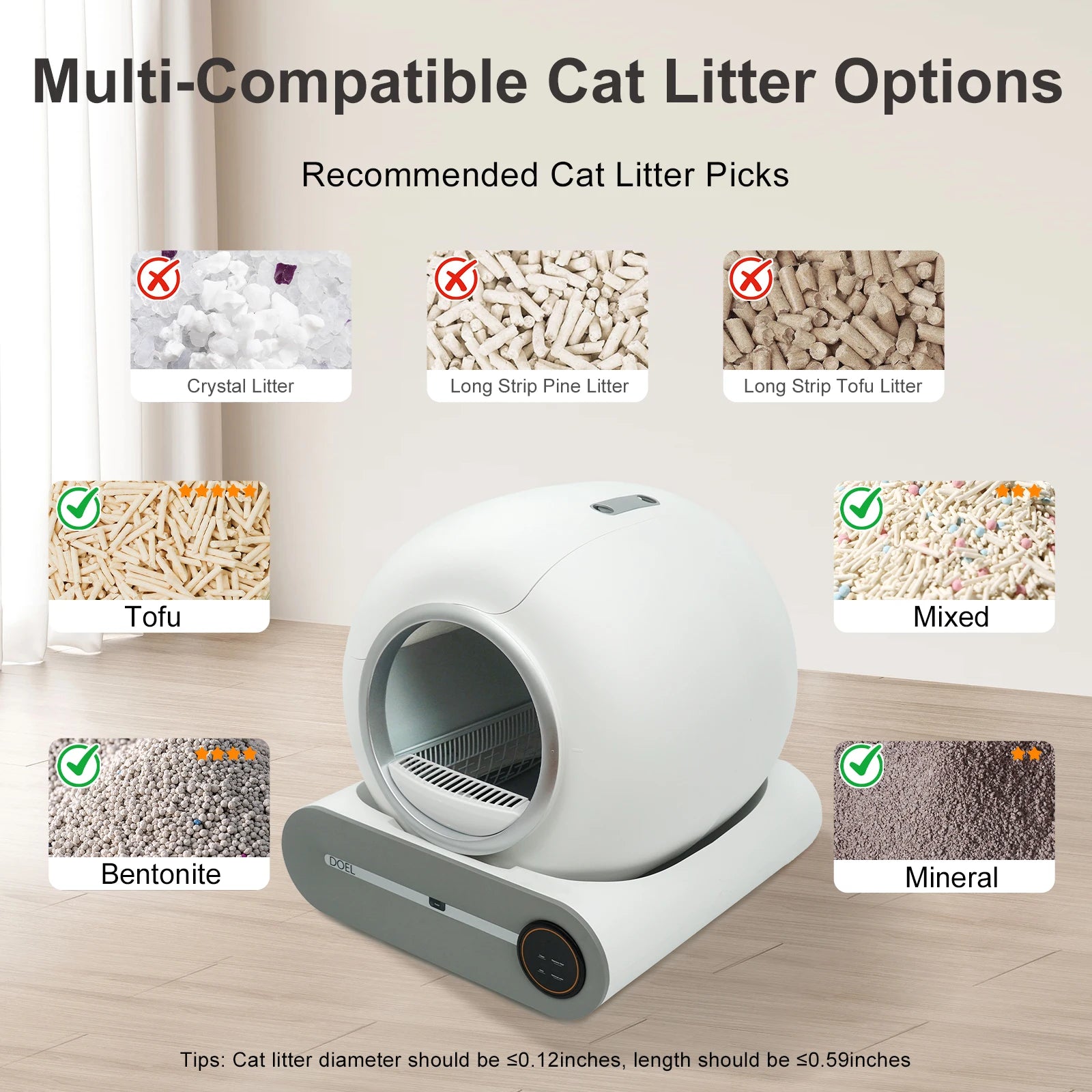 Self Cleaning Cat Litter Box with 2.4G Wi-Fi, trash bag support and litter mat for convenient indoor cat waste management and cleaner surroundings.