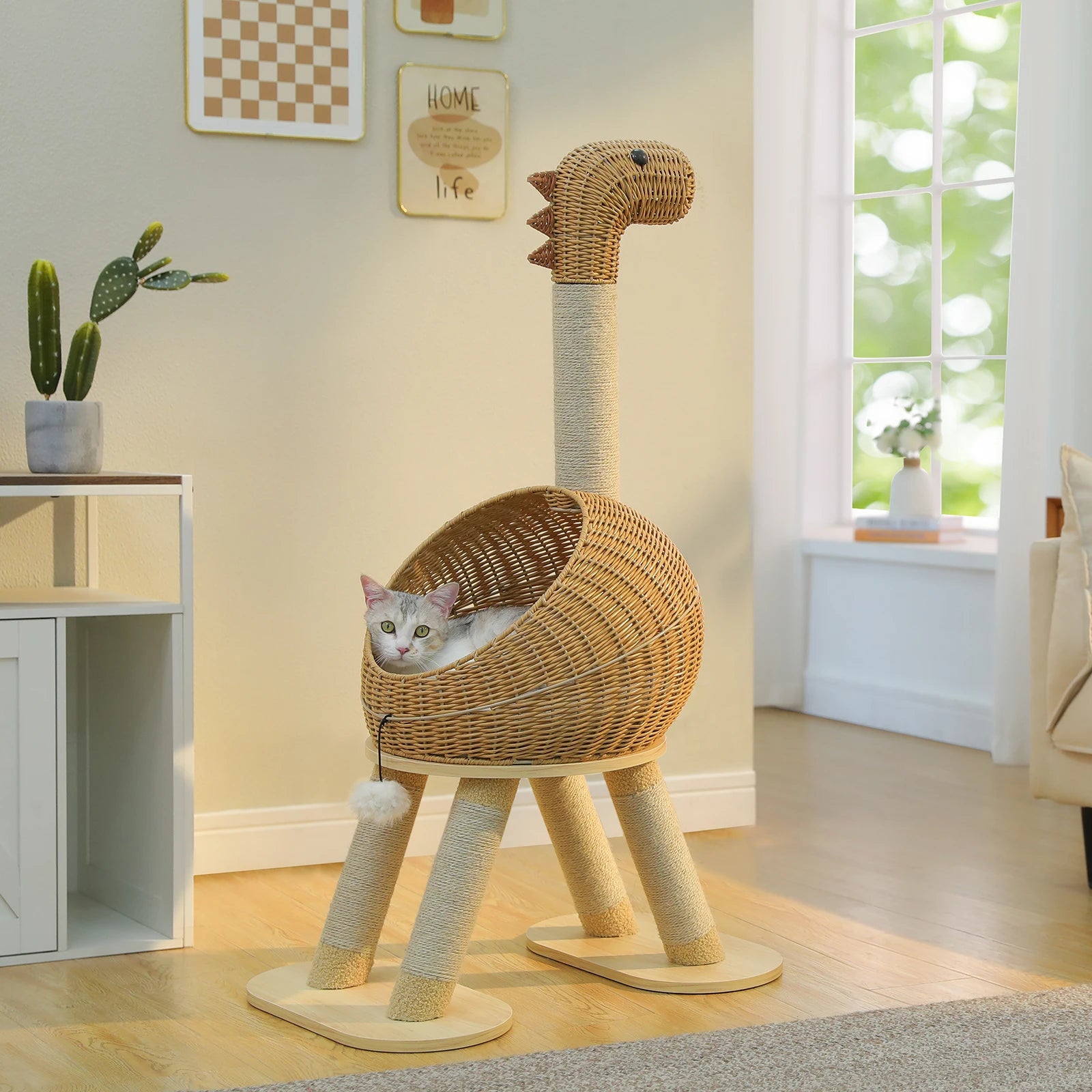 Dinosaur Cat Tree Tower with Sisal Scratching Post and Wicker Cat Bed
