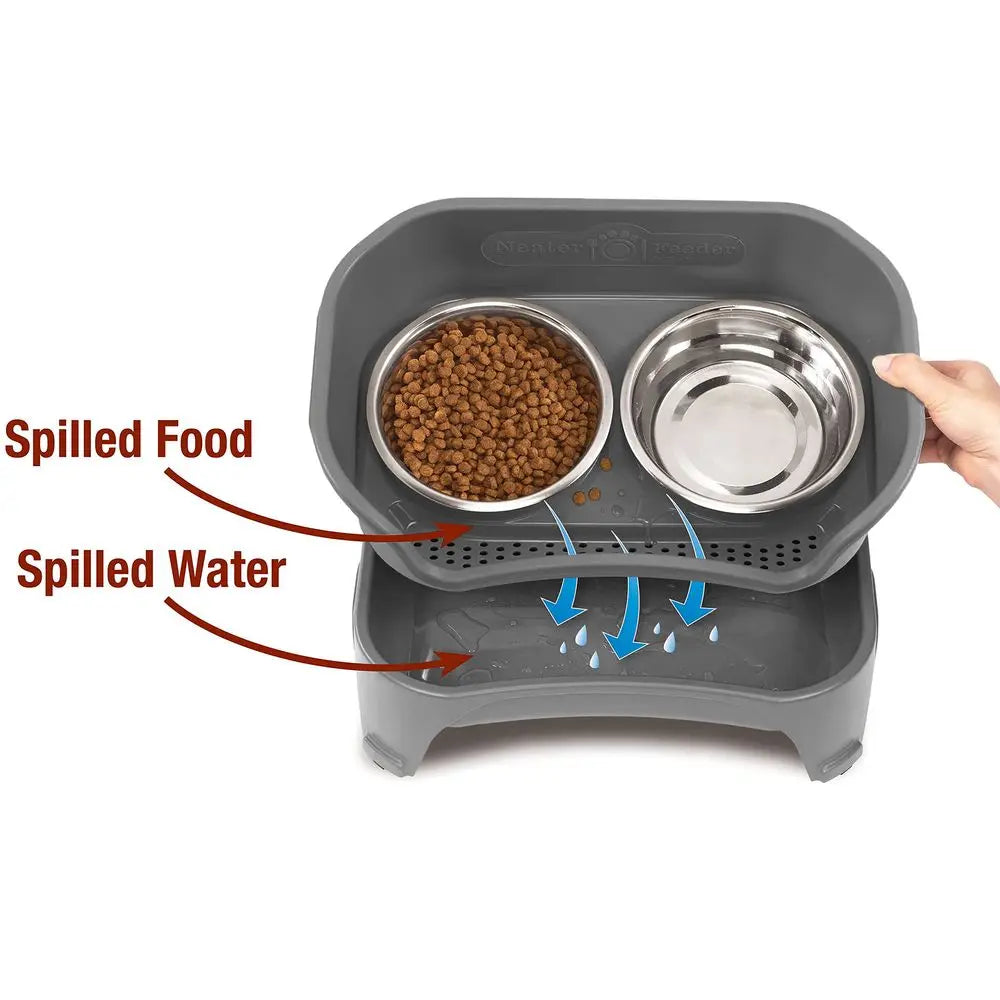 Mess Proof Dog Bowls Elevated for medium to large dogs. Raised feeding stand helps organize food and water bowls for a cleaner, more convenient setup.