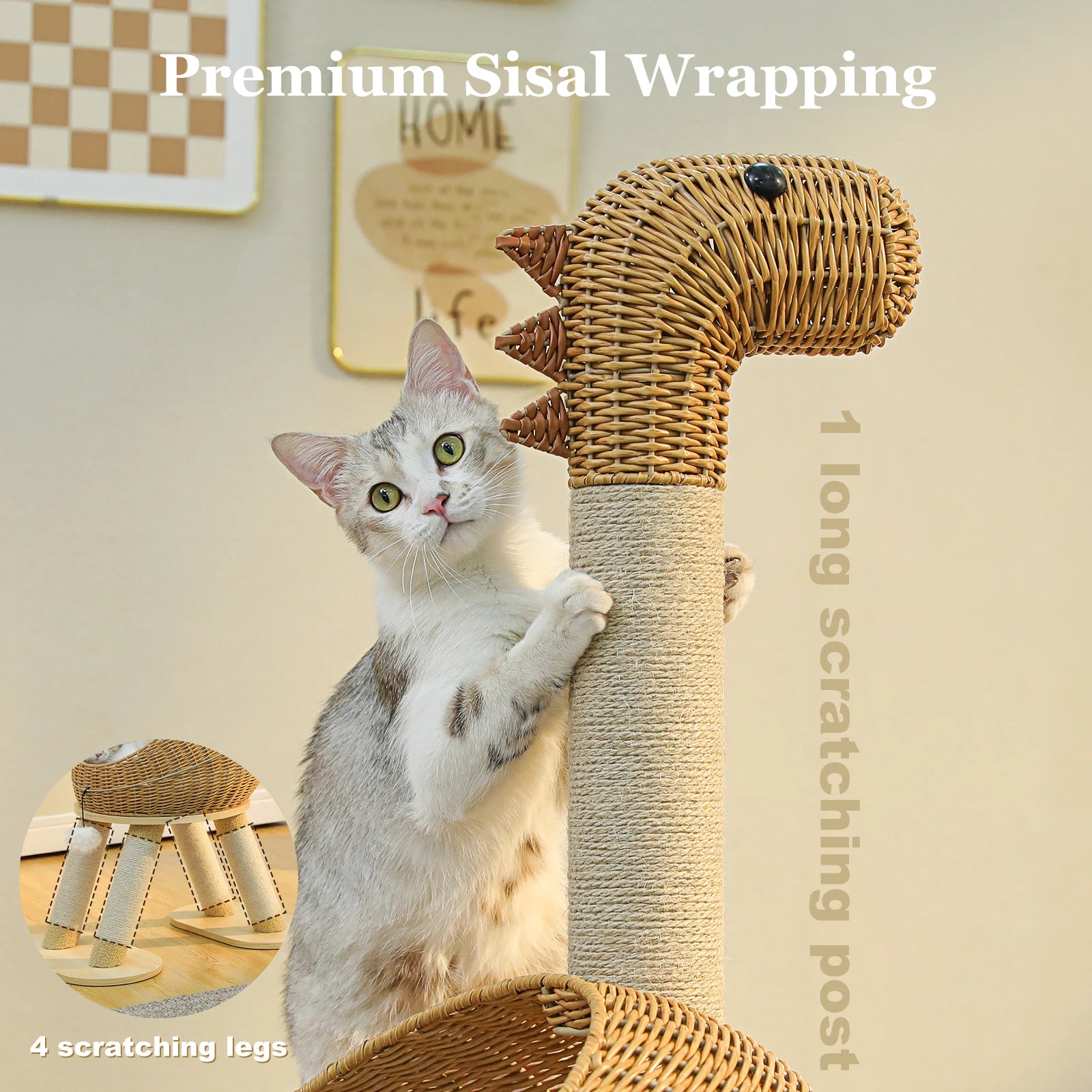 Dinosaur Cat Tree Tower with Sisal Scratching Post and Wicker Cat Bed