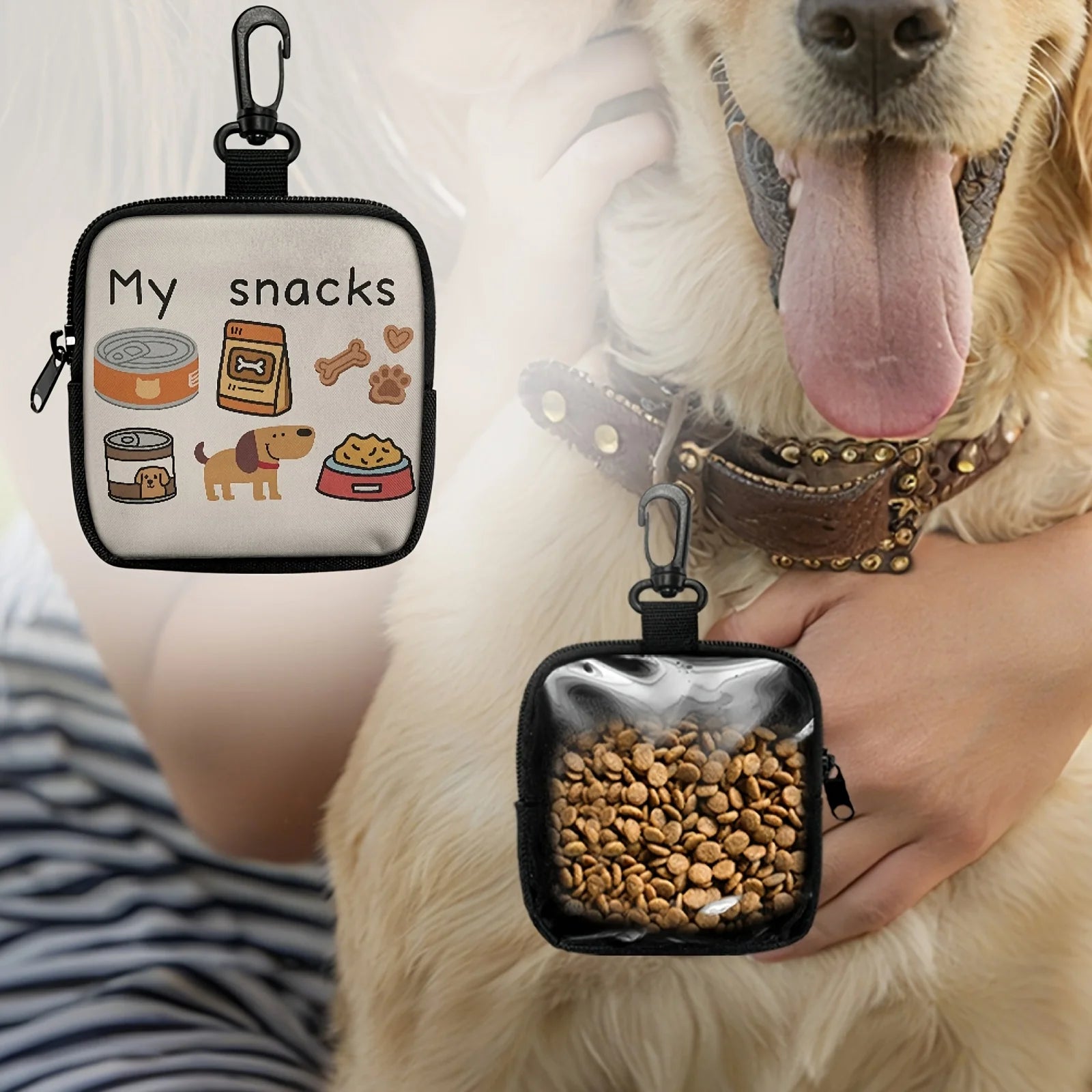 Dog Print Dog Treat Bag with Hook and Zipper