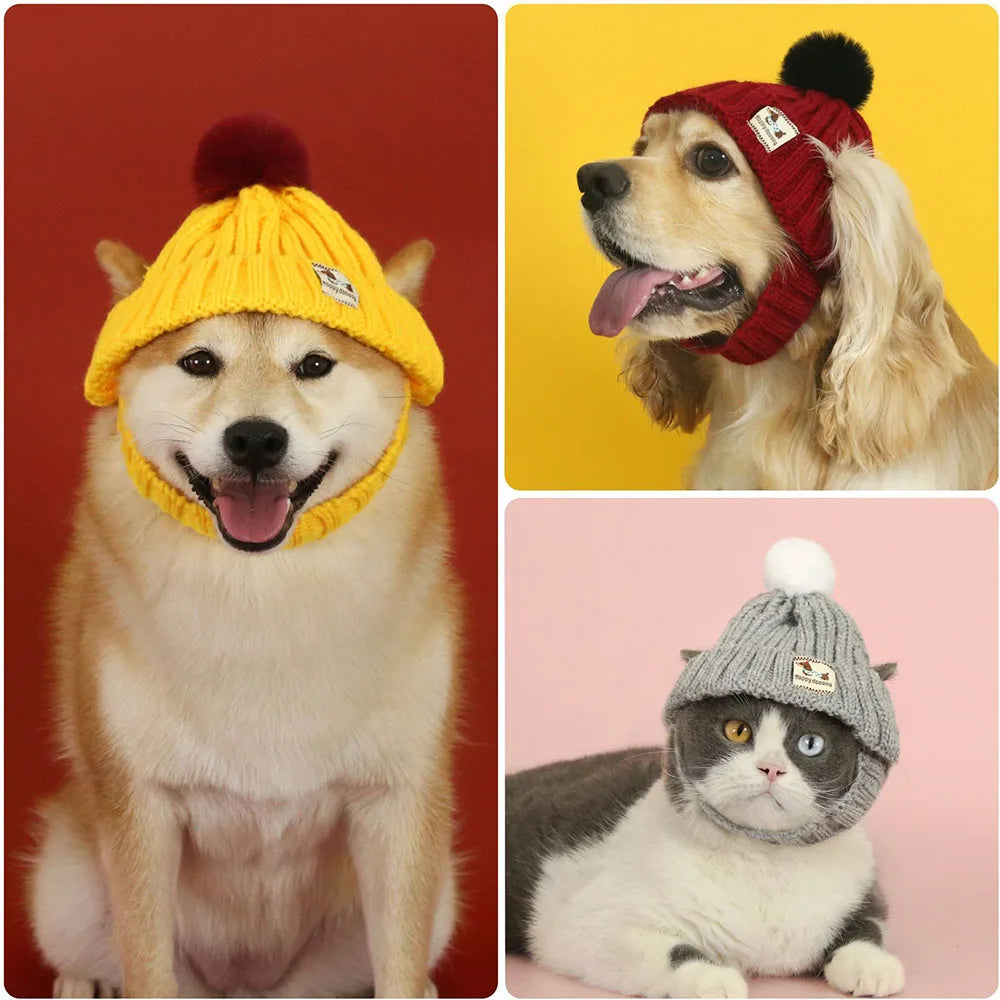 Winter Knitted Dog Hat with Plush Ball